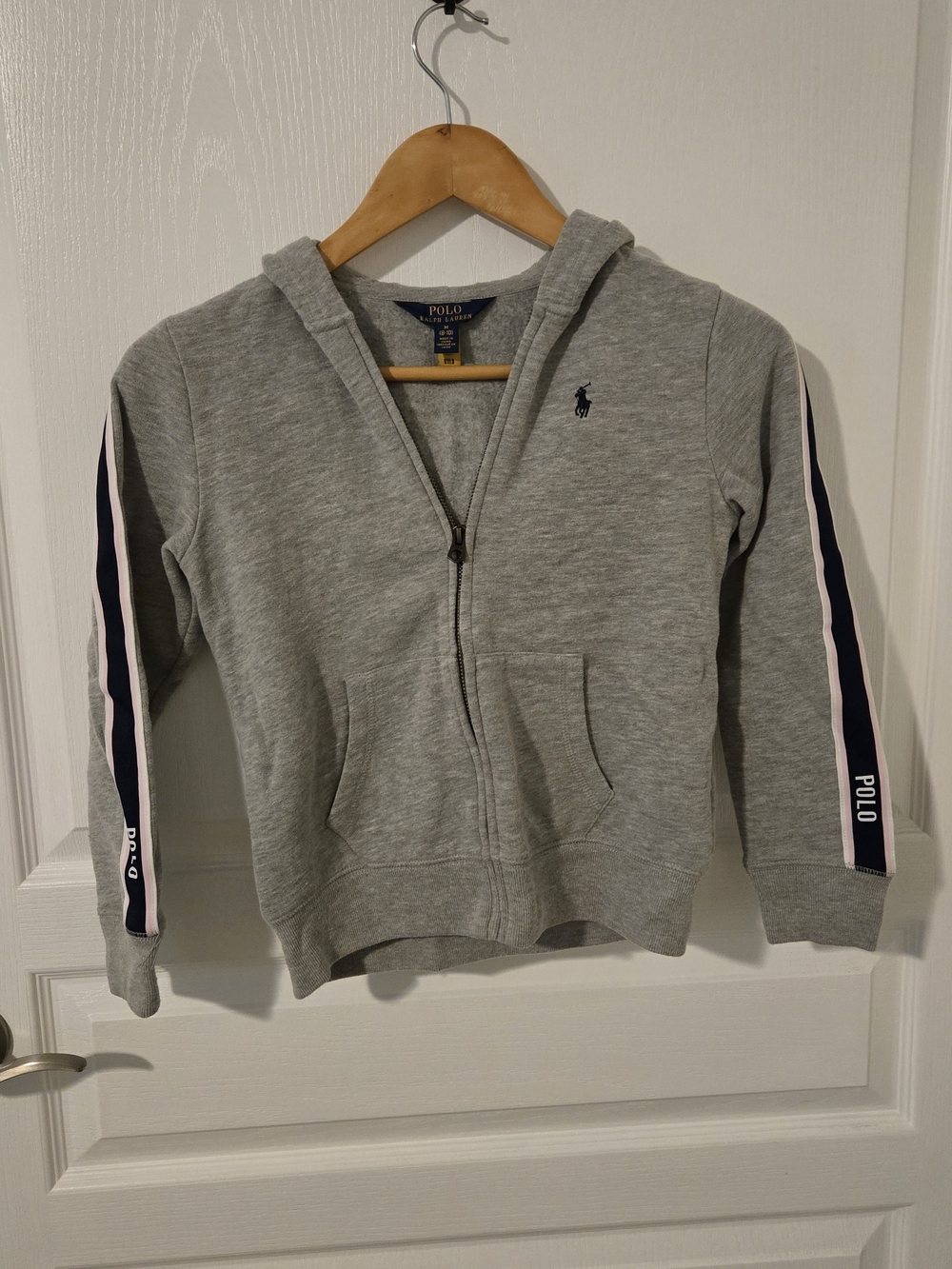 Polo by Ralph Lauren Kids Gray Zip Hoodie with Navy & Pink Sleeve Stripes